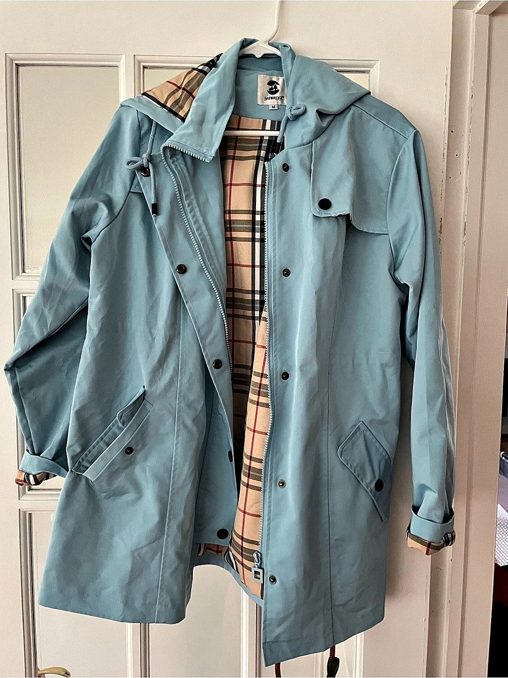 Sapphire Rose Plaid Lined Blue Trench Coat Size Medium